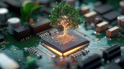 Poster - Tree growing from computer chip with circuit board pattern in high fidelity image