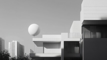 Poster - Modern architecture with a large balloon in a cityscape