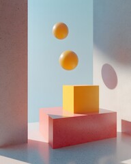 Poster - Abstract Composition with Floating Spheres and Geometric Shapes in Pastel Tones