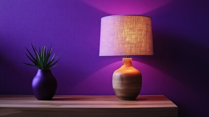 Poster - Illuminated table lamp, plant, purple wall, nightstand, interior design