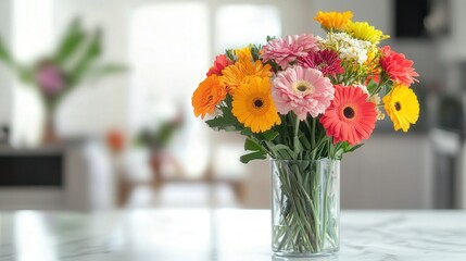 Poster - laptop on a white marble table, with a cheerful bouquet of flowers in a vase blurred to perfection in the background