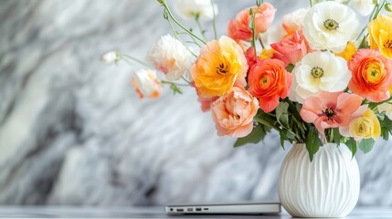 Poster - laptop on a white marble table, with a cheerful bouquet of flowers in a vase blurred to perfection in the background