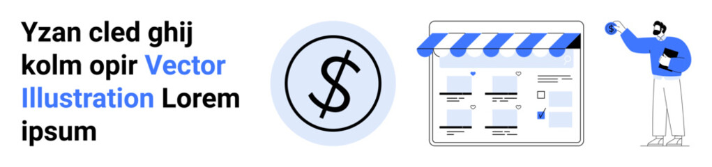 Marketing banner highlighting online storefront, dollar symbol, website layout, and person in blue communicating. Ideal for e-commerce, web design, online marketing, finance, business planning