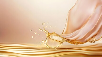 Poster - Golden liquid splash with flowing fabric in elegant abstract design for cosmetic product