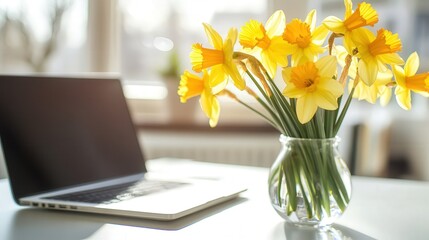 Poster - laptop on a white desk, with the blurred form of a vase filled with cheerful daffodils in the background