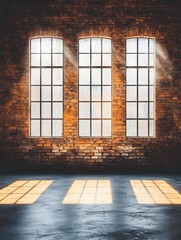Poster - Sunlight Streaming Through Industrial Windows Illuminating a Vintage Brick Wall and Concrete Floor