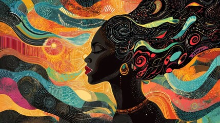 Wall Mural - Abstract portrait of woman with flowing colorful patterns around her