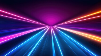 Poster - Vibrant Neon Light Trails Converging on a Central Point Creating a Futuristic Backdrop