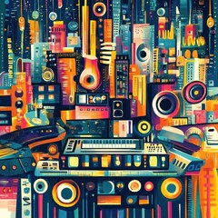 Poster - Abstract cityscape composed of musical instruments and audio equipment