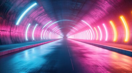 Poster - Neon-lit tunnel road, vibrant pink blue lights, concrete walls, futuristic background, digital art
