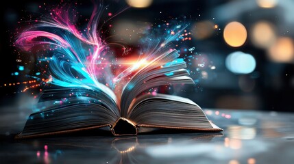 Poster - Open book with colorful lights emanating from pages creating a magical and dynamic visual effect