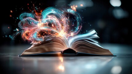 Poster - Open book with glowing light emanating from its pages creating a magical reading atmosphere