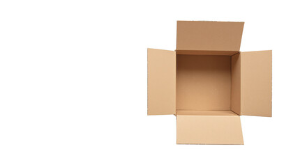 Wall Mural - Open empty cardboard box with flaps spread out, isolated on white background. Concept of packaging, shipping, and storage solutions. Ai generative