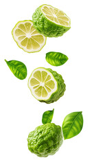 Wall Mural - flying Sliced bergamot fruit with leaf isolated on transparent white background, clipping path