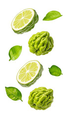 Wall Mural - flying Sliced bergamot fruit with leaf isolated on transparent white background, clipping path