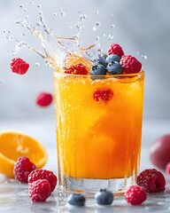 Poster - Refreshing Summer Drink with Orange Juice and Berries Creating a Vibrant Water Splash
