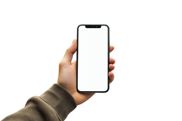 Wall Mural - Hand holding smartphone with empty white screen, isolated on white background. Ideal for mockup, template, advertising, or presentation concept. Ai generative