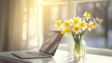 Poster - laptop on a white desk, with the blurred form of a vase filled with cheerful daffodils in the background