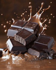 Poster - Decadent Dark Chocolate Chunks Stacked with Rich Chocolate Splash for Ultimate Indulgence