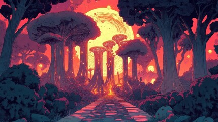 Poster - Magical forest path leading towards a sunlit mushroom grove