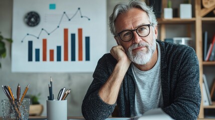 Poster - Businessman with glasses sitting at a desk working on a laptop in a modern office environment
