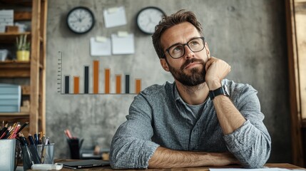 Poster - Businessman with glasses sitting alone at a desk in a modern office environment