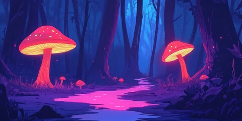 Sticker - Glowing mushrooms illuminate a surreal neon forest landscape