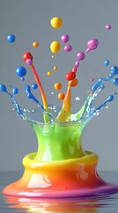 Poster - Vibrant Rainbow Paint Explosion with Colorful Spheres Against a Neutral Background