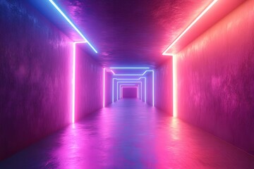 Poster - Abstract Geometric Tunnel with Vibrant Neon Lights and Textured Walls for Modern Design