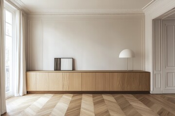 Sticker - Parisian apartment, minimalist living room, herringbone floor, empty wall, sideboard