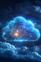 Poster - Digital Cloud Computing Concept with Glowing Network Connections and Starry Night Sky