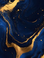 Poster - Elegant Abstract Texture with Flowing Gold Paint on Deep Blue Background Design