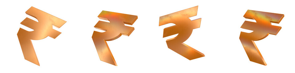 Poster - Set of 4 3d rupee symbol shapes with golden and rainbow effects isolated on a transparent background. 3d elements for graphic design.