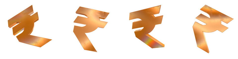 Poster - Set of 4 3d rupee symbol shapes with golden and rainbow effects isolated on a transparent background. 3d elements for graphic design.
