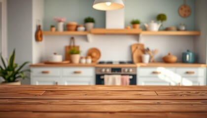 Wall Mural - blurred Modern natural kitchen interior with a empty wooden table and cabinets in a well-designed home