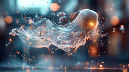 Poster - Abstract background featuring liquid waves and particles with a glowing digital entity design