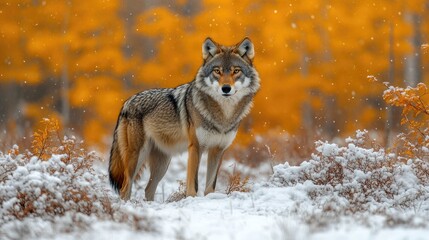 Naklejka na meble A majestic coyote standing in a snowy landscape with vibrant orange foliage in the background