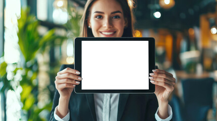 Wall Mural - A successful, confident, positive businesswoman holds a tablet with an empty white screen in her hands. Tablet mockup. A young woman in a stylish suit in the office. Business concept