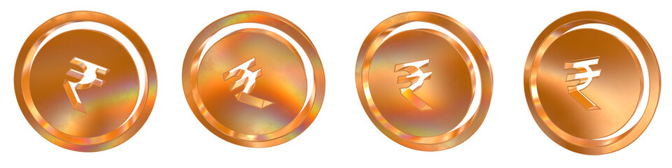 Poster - Set of 4 3d rupee solid coin shapes with golden and rainbow effects isolated on a transparent background. 3d elements for graphic design.