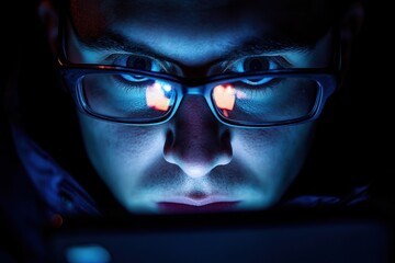 Close-up of a person's face illuminated by screen light, wearing glasses. Illustrates late-night tech use, online activity, or digital addiction.