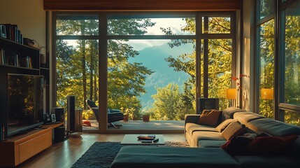 Canvas Print - Modern living room with large windows showcasing a scenic mountain view.