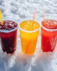 Poster - Refreshing Cold Drinks on Ice Cubes Summer Beverages in Plastic Cups with Straws for Hot Weather