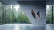 © Niken - Interior view of an open space with concrete walls and large windows. There is a forest in the background, and a wall has three triangular cutouts on it