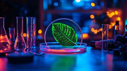 Leaf Research Lab analysis of green leaf in petri dish, blue lights background