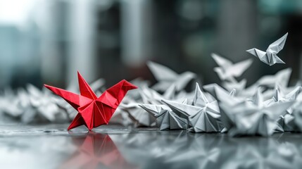 Poster - Red origami bird among white origami paper birds in a realistic display arrangement