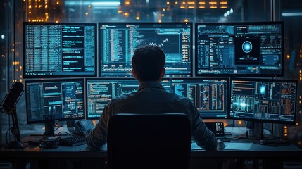 Fototapete - Professional Data Analyst Working at Multiple Monitors with Financial Data and Graphs in a Modern Office Environment