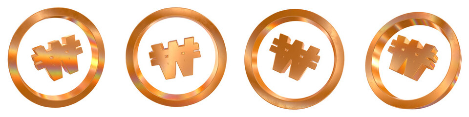 Poster - Set of 4 3d south korean won coin outline shapes with golden and rainbow effects isolated on a transparent background. 3d elements for graphic design.