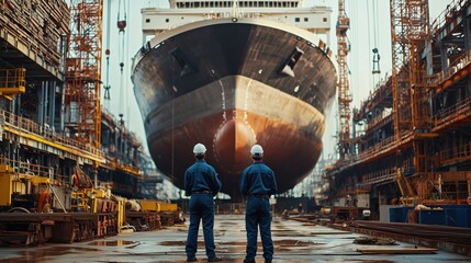 Poster - workers observing large ship being constructed in shipyard with cranes and industrial equipment surr