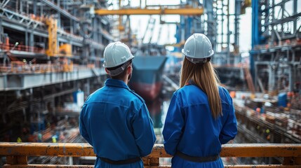 Poster - Workers in Blue Uniforms Observing Shipbuilding Process at Industrial Docking Facility with Crane and Large Vessel in Background