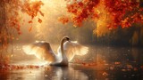 Majestic swan on autumn lake at sunrise; peaceful nature scene